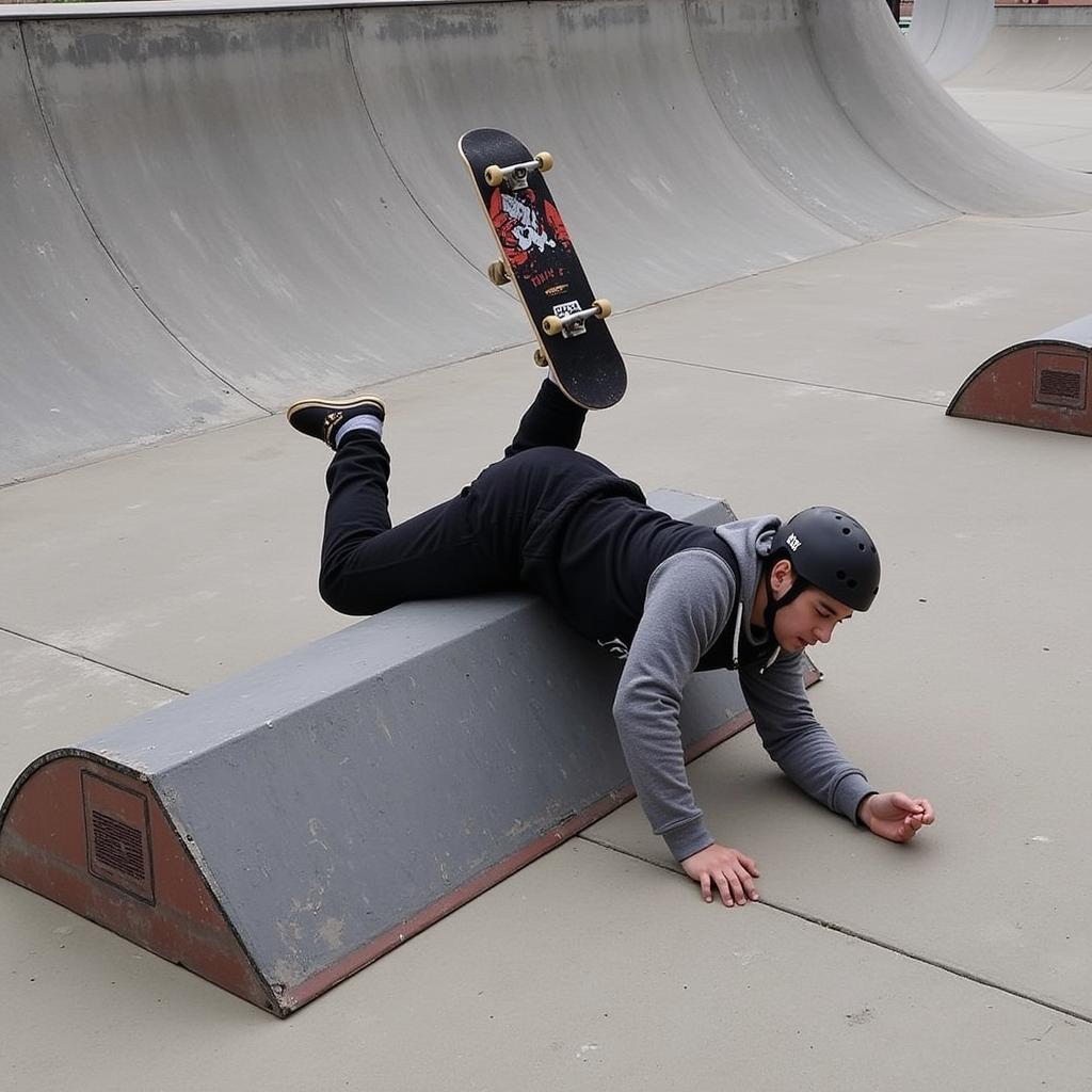 Skateboarder falling while attempting a trick on a funbox