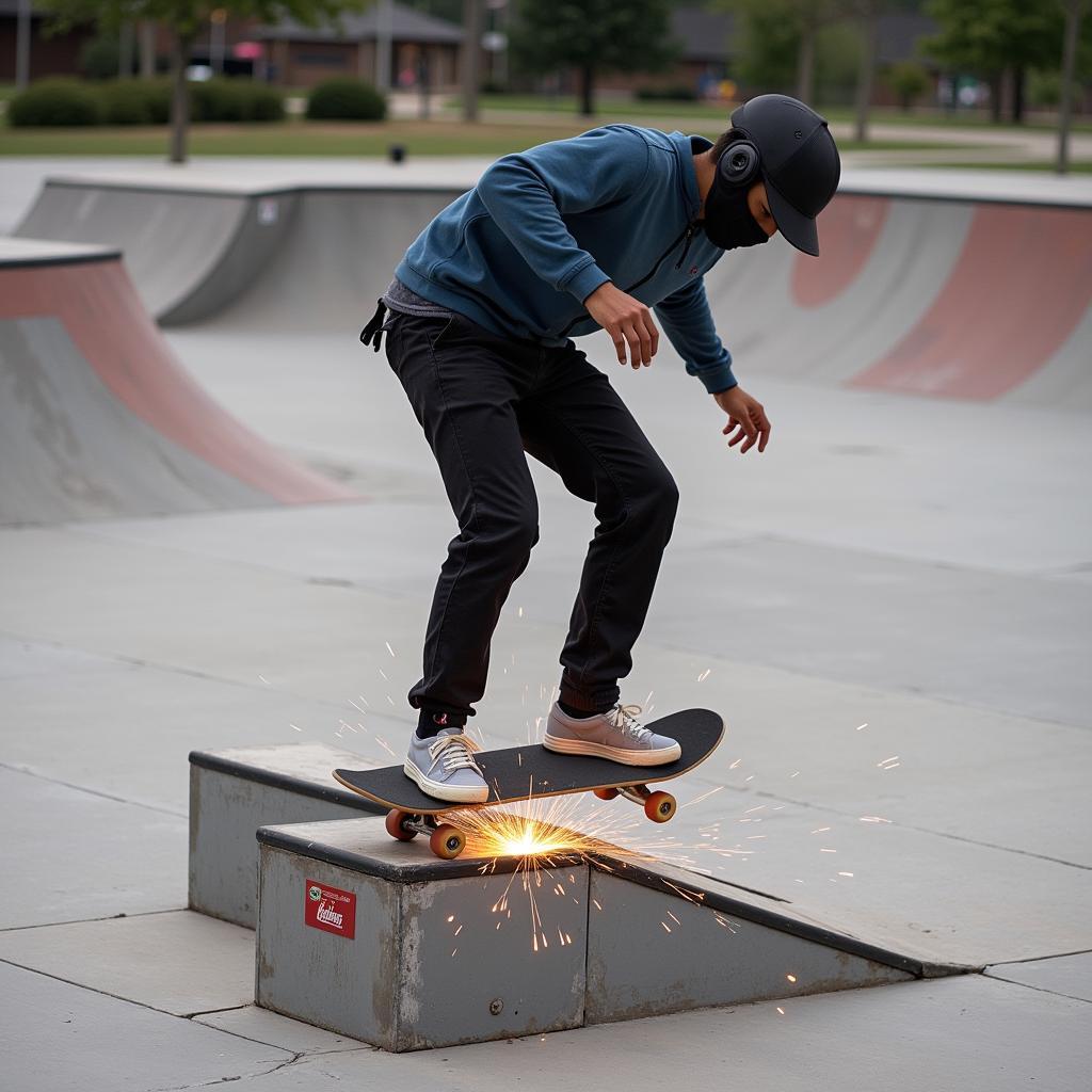 Skateboarder grinding a funbox at a skatepark