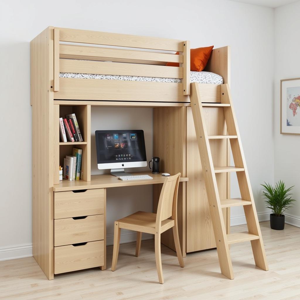 A space-saving top bunk desk design with integrated storage.