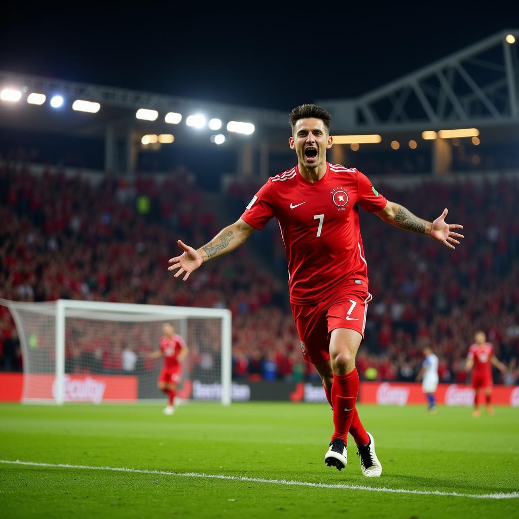 A Turkish striker celebrates scoring a crucial goal for the national team