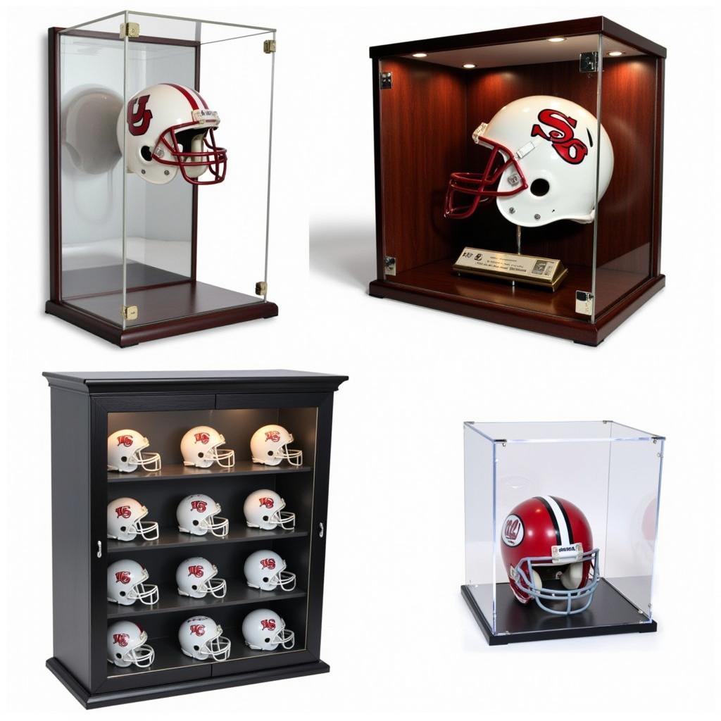 Different styles of display cases for football helmets: wall-mounted, freestanding, with mirrored backs, and integrated lighting.