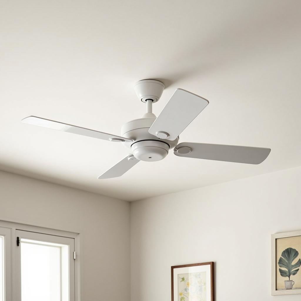 White hugger ceiling fan installed in a room with low ceiling