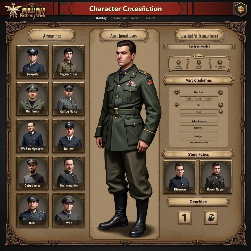 A character customization screen from a World War 2 RPG, showing options for appearance, skills, and equipment.