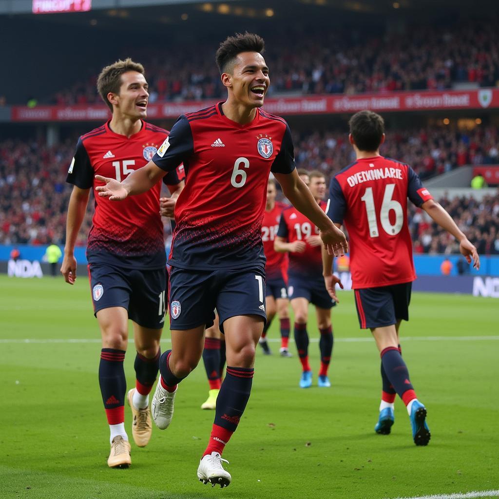 Yamal celebrates a crucial goal with his teammates