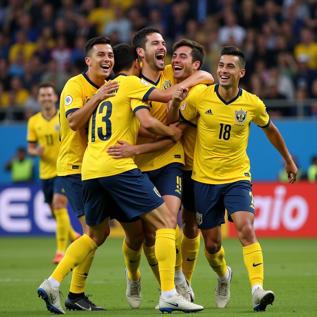 Yamal celebrating a crucial goal with his teammates