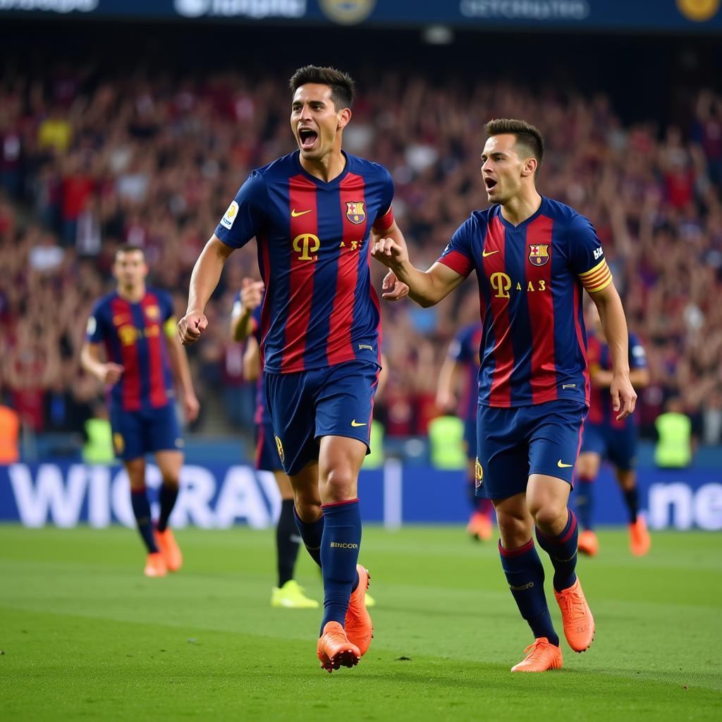 Yamal celebrates a goal with his teammates, a moment of pure joy and triumph on the football field.