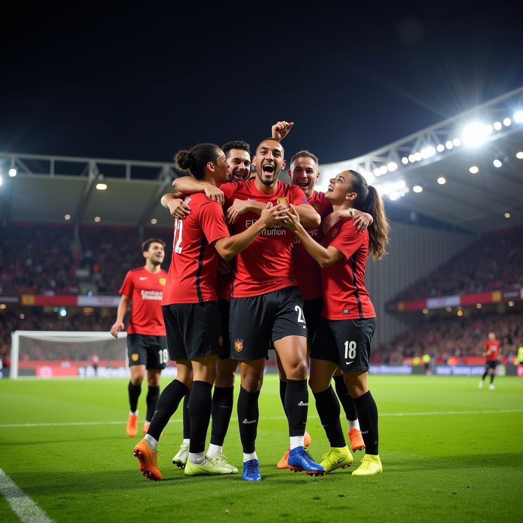 Lamine Yamal celebrating a goal with his teammates.