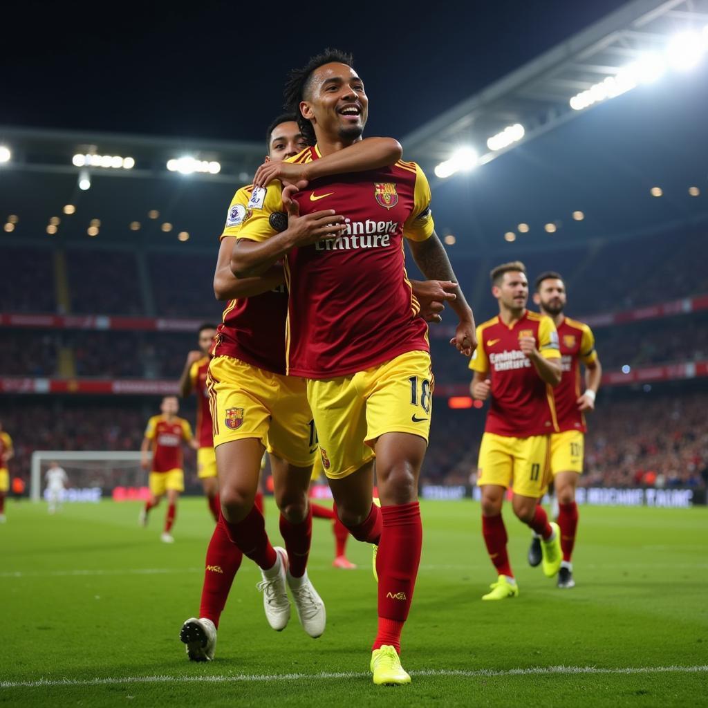 Lamine Yamal celebrates a spectacular goal with his teammates, arms raised in triumph.