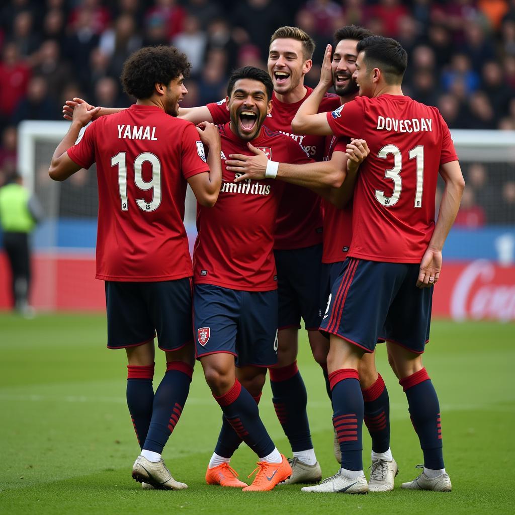 Yamal celebrating a goal with his teammates, emphasizing his team spirit.