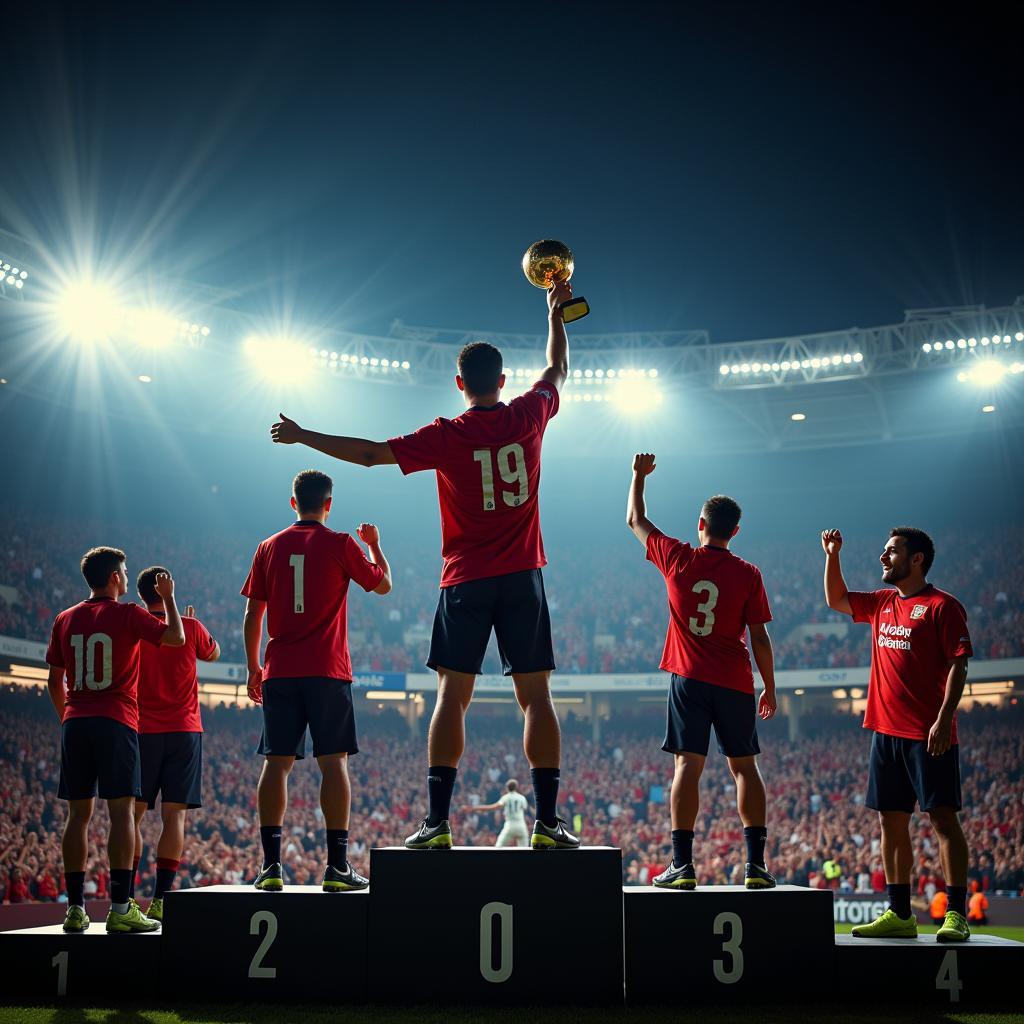 Yamal celebrating a victorious moment with his teammates, high up on a podium overlooking a cheering crowd.