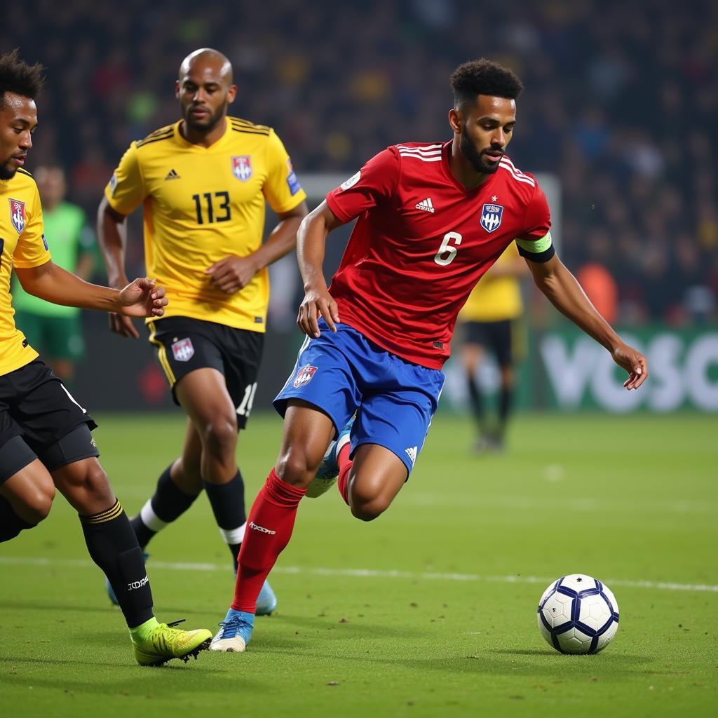 Yamal skillfully dribbles past two defenders, demonstrating his agility and ball control.