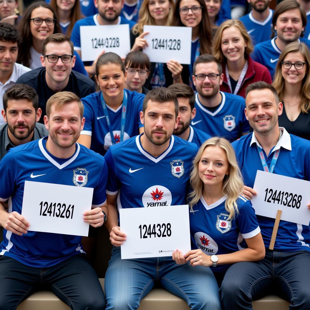 A diverse group of fans wearing Yamal jerseys and holding signs with the number 12643268.