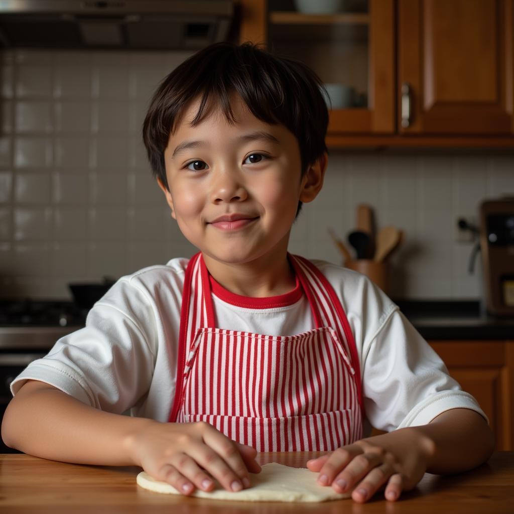 Yamal wearing a red white striped apron as a child