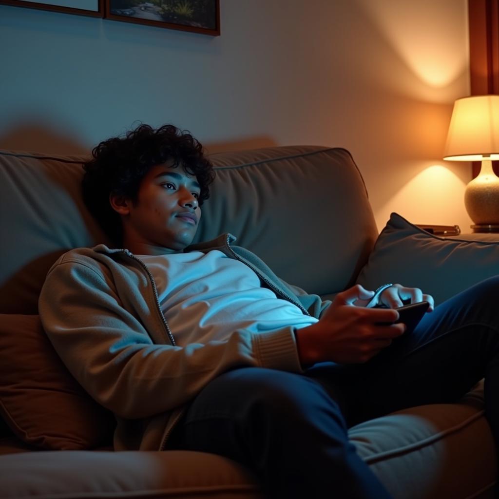 Yamal relaxing while playing a game on his Nintendo Switch