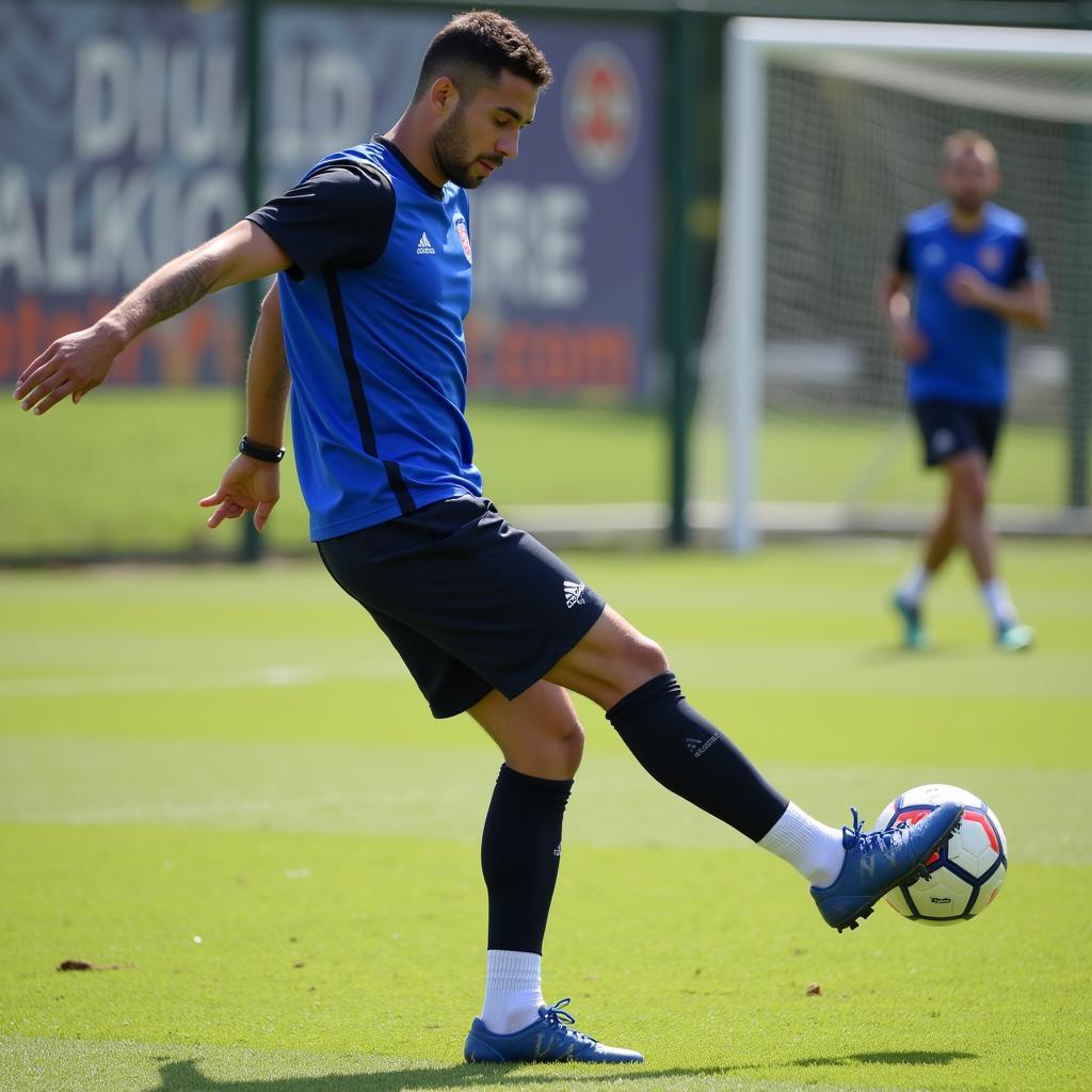 Yamal intensely focused during a training session, practicing his free kicks with determination.